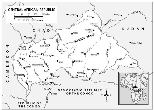 LOCATION: 2°13′ to 11°2′ N; 14°25′ to 27°26′ E. BOUNDARY LENGTHS: Chad, 1,199 kilometers (745 miles); Sudan, 1,167 kilometers (725 miles); Democratic Republic of the Congo, 1,577 kilometers (980 miles); Republic of the Congo, 467 kilometers (290 miles); Cameroon, 822 kilometers (511 miles).
