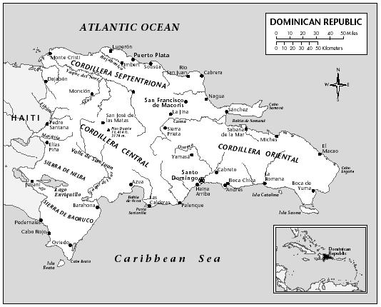 LOCATION: 17°36′ 22″ to 19°56′ 9″ N; 68°19′ 24″ to 72°0′ 48″ W. BOUNDARY LENGTHS: Total coastline, 1,288 kilometers (799 miles); Haiti, 275 kilometers (170 miles). TERRITORIAL SEA LIMIT: 6 miles.